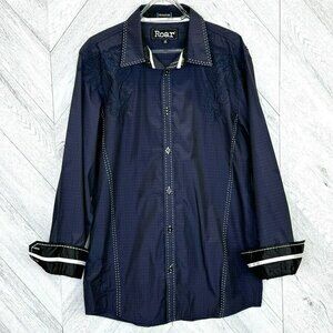 ROAR Shirt Mens Size Medium Navy Blue Embroidered Flip Cuff Signature Vitality